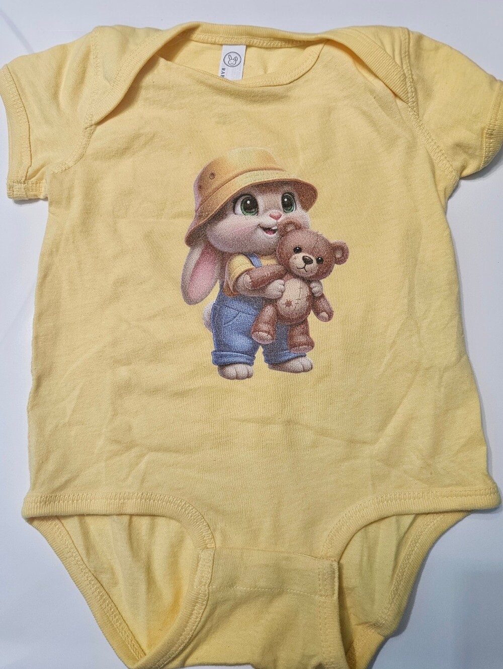 Rabbit Skins Yellow Bunny & Teddy Graphic One-Piece Bodysuit Size 12M